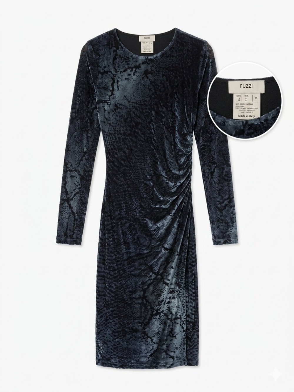 FUZZI Italy Blue Snakeskin Print Mesh Ruched Midi Dress Long Sleeve Size Small